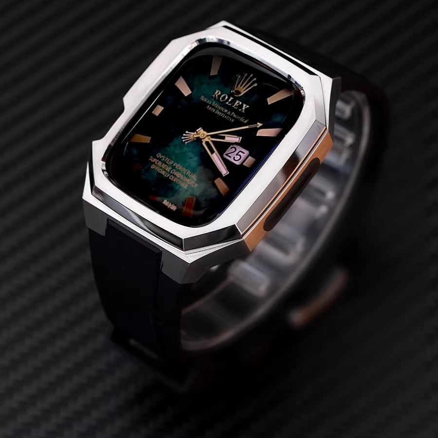 Caja de acero inoxidable con correa de caucho para Apple Watch