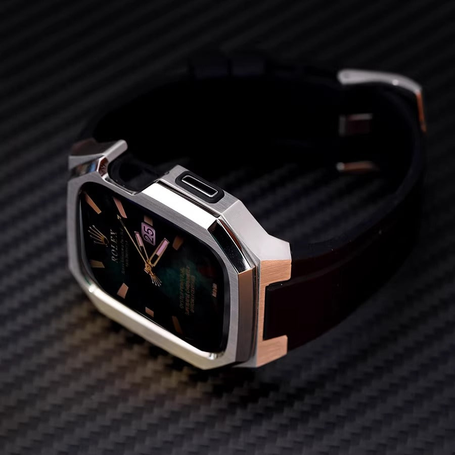 Caja de acero inoxidable con correa de caucho para Apple Watch